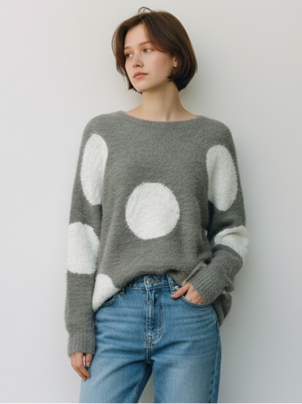 Easel Fuzzy Knit Polka Dot Oversized Slouchy
Grayish Green Super Soft Sweater S